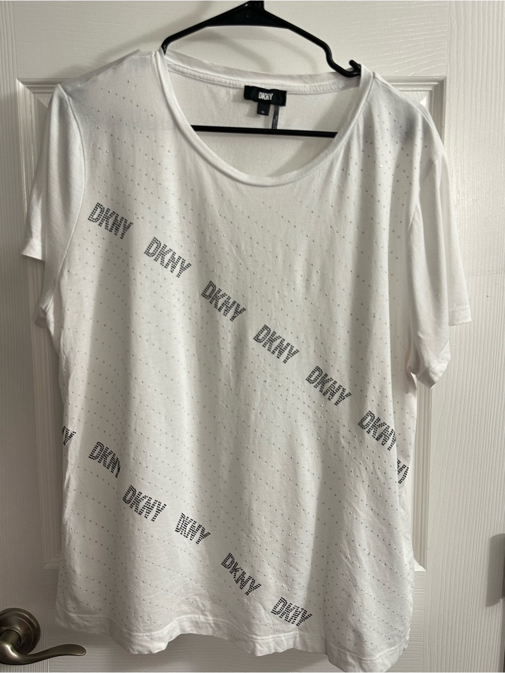 DKNY White Scoop Neck Tee with Logo Accent With Embellishments